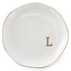 VINCOMIC Initials Ring Dish Jewelry Tray with Personalized L-Monogrammed Gifts for Wedding and Engagement, Ceramic White