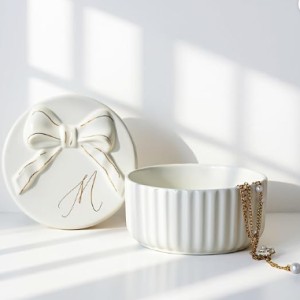 COLLECTIVE HOME Ceramic Jewelry Tray, Monogram Trinket Dish with Bow (M)