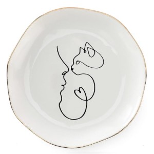 EYONGLION Cat Jewelry Dish, Cat Mom Gifts for Women, Cat-Themed Gifts, Minimalist Line Drawing Cat and Woman Face to Face