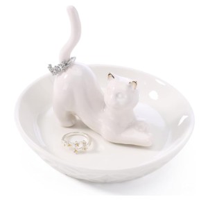 HOME SMILE Ceramic White Cat Ring Holder, Cat Jewelry Tray for Cat Lovers, Christmas, Valentine’s Day and Mother’s Day