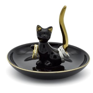 Exembe Happy Cat Posture Ring Holder Jewelry Storage Dish, Decorative Black/Golden Tail