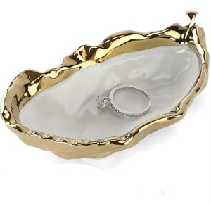 HOME SMILE Oyster Shell Ring Dish, Jewelry Dish Tray, Trinket Tray, Long-Distance Friendship Gifts for Women, Ceramic Gold