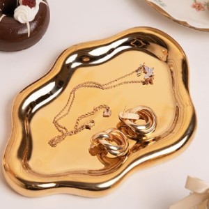 Lynagert Cloud Trinket Dish, Chubby Ceramic Jewelry Tray for Rings, Earrings and Necklaces (Golden)