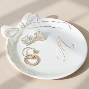 COLLECTIVE HOME Ceramic Jewelry Tray, Monogram Trinket Dish with Bow (M)