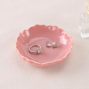 HOME SMILE Ceramic Jewelry Ring Dish, Pastel Pink Ruffled Trinket Tray
