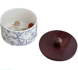 EHERDM Ceramic Jewelry Box with Wood Lid, Blue Porcelain-Style Jewelry Organizer