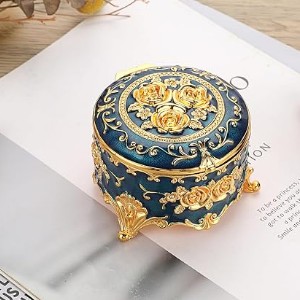 Hipiwe Antique Metal Jewelry Box Ring Earring Treasure Chest, Small Blue Trinket Box